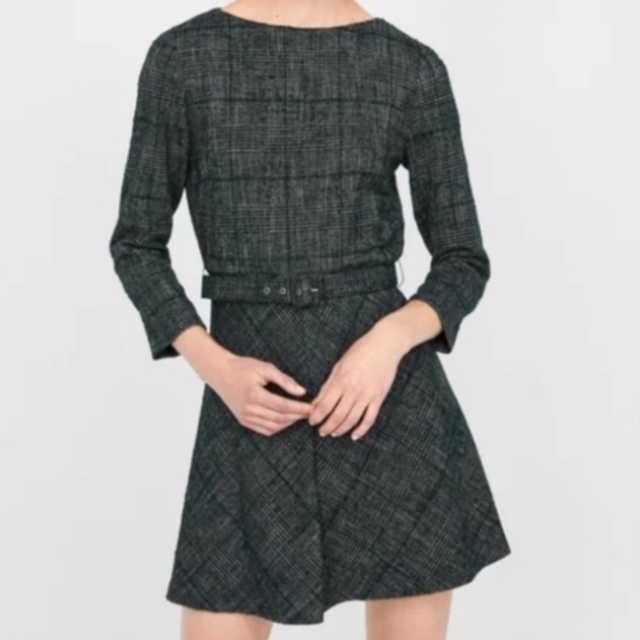 Zara Retro Vibes Tweed Belted Mini Dress - Green/Black Size M - Picture 1 of 9